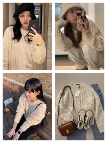 In stock 2025 Fall/Winter Korean-style niche pullover with intricate cable knit design, loose and casual fit