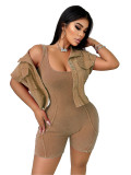 HR25080 European and American women's clothing, new summer style, washed and distressed, tank top jumpsuit and short-sleeved jacket two-piece set
