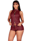 HR26102 European and American fashion women's leather stand-up collar two-way zipper biker sleeveless top and shorts two-piece set