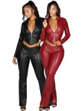 HR25059 European and American fashion women's slim-fit zippered stretch leather jacket and casual micro-flared pants two-piece set for women