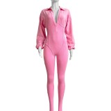 HR24102 European and American fashion women's clothing, washed and distressed, sexy deep V tight-fitting long-sleeve autumn and winter jumpsuit
