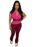 HR25019 European and American fashion women's clothing, color-blocked round-neck short-sleeve high-waisted micro-flared two-piece pants suit