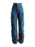 HR88009 European and American women's clothing, stretch fabric, trendy multi-pocket wide-fit spray-painted denim straight-leg work pants
