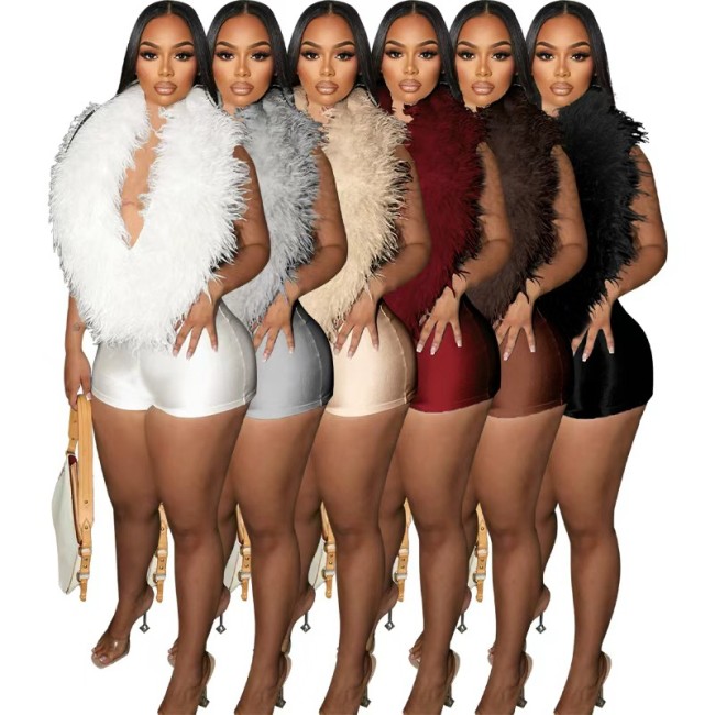 HR25026 European and American fashion casual women's clothing Elegant furry deep V halter neck sexy fashion jumpsuit shorts for women