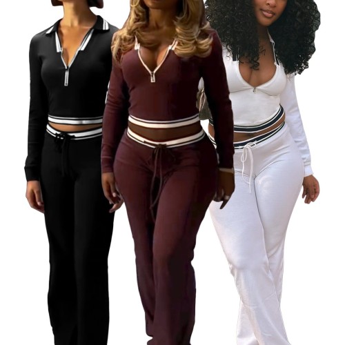 HR25056 European and American fashion women's clothing, collared half-zip drawstring wide-leg pants casual sports two-piece set for women