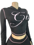 HR25071 European and American fashion women's clothing cross-border supply printed hooded long-sleeve thumb-hole micro-flare two-piece set