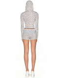 HR26011 European and American fashion women's printed hooded long-sleeve shorts set with thumb loops and micro-flared two-piece pants set for women