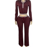 HR25056 European and American fashion women's clothing, collared half-zip drawstring wide-leg pants casual sports two-piece set for women