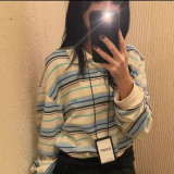 In-stock Korean niche Grove POLO collar color-blocked striped long-sleeve women's T-shirt with a stylish and casual design