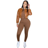 HR8237 European and American fashion women's clothing, new autumn and winter style, ribbed stretch leather casual baseball jacket