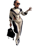 HR25062 European and American fashion women's two-piece set: color-blocked, cinched waist, zip-up top and straight-leg pants