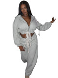 HR25072 European and American fashion women's casual thick rope tie-up hooded top and wide-leg long pants two-piece set for women