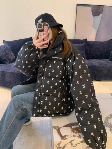 In stock 2025 winter warm stand-up collar embroidered patchwork RR full-print down jacket casual versatile sweet cool style coat