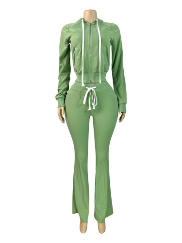 HR25066 European and American fashion women's hooded zip-up sweatshirt slim-fit pocket micro-flared two-piece pants set for women