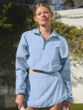 In-stock short half-zip jacket with exposed navel and stand-up collar, sports casual woven pullover jacket for women + shorts