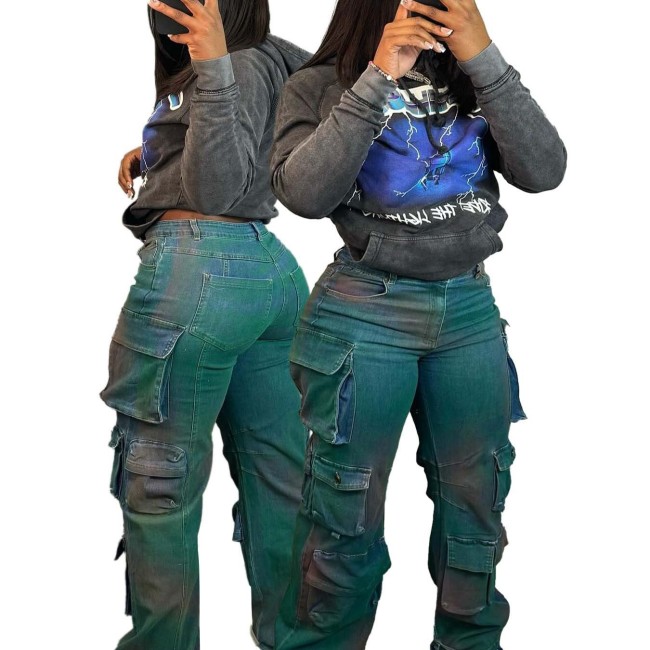 HR88009 European and American women's clothing, stretch fabric, trendy multi-pocket wide-fit spray-painted denim straight-leg work pants
