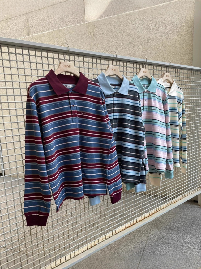 In-stock Korean niche Grove POLO collar color-blocked striped long-sleeve women's T-shirt with a stylish and casual design