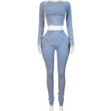 HR24043 European and American casual women's clothing, autumn and winter style, cotton ribbed washed distressed tight-fitting suit