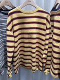 25 new Korean Grove striped long-sleeve T-shirt, loose fit, color-blocking, casual round-neck pullover, new solid color, versatile