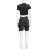 HR24025 European and American fashion women's clothing, skin-friendly cotton fabric, washed and distressed high-waisted two-piece set