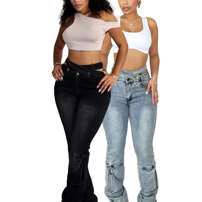 HR88016 European and American women's clothing, cross-border supply, double-waisted fashionable multi-pocket denim pants