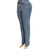 HR88028 European and American fashion women's clothing, cross-border supply, rhinestone embellished slim-fit pocket ripped raw edge denim jeans