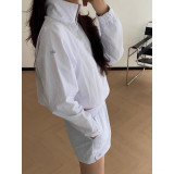 In-stock short half-zip jacket with exposed navel and stand-up collar, sports casual woven pullover jacket for women + shorts