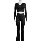 HR24046 European and American women's basic solid color short top, high-waisted micro-flared sports casual three-piece suit