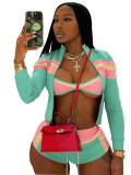 HR25029 European and American fashion women's three-piece set: printed patchwork long-sleeve off-shoulder top with straps and hot pants