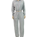 HR25051 European and American fashion women's two-piece set: elastic waistband striped half-zip sweatshirt and straight-leg sweatpants