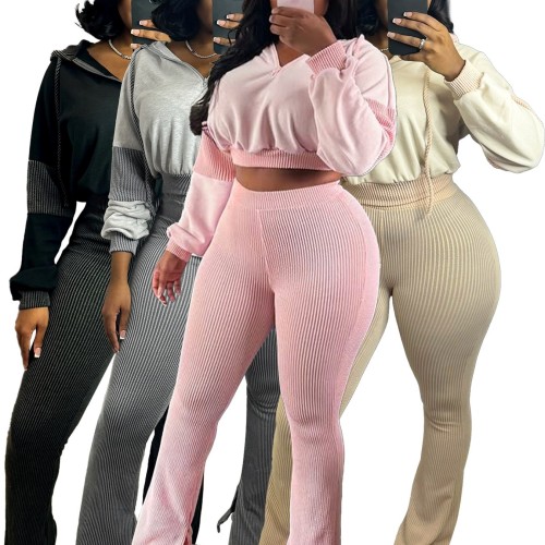 HR25016 European and American women's clothing, twisted stripe sweatshirt with hood, two-piece set with flared pants