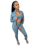 HR25038 European and American fashion women's clothing, tank top with zipper and thumb holes, long-sleeved tight pants 3-piece set for women