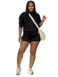 HR25101 European and American fashion women's long-sleeve round-neck sweatshirt with pockets and elastic drawstring shorts casual two-piece set
