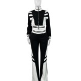 HR24070 European and American women's clothing, double-layer ribbed color-blocked contrasting wide-leg micro-flared pants two-piece set