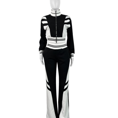HR24070 European and American women's clothing, double-layer ribbed color-blocked contrasting wide-leg micro-flared pants two-piece set