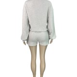 HR25101 European and American fashion women's long-sleeve round-neck sweatshirt with pockets and elastic drawstring shorts casual two-piece set