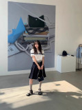 In-stock Korean Dongdaemun summer Grove women's slim-fit polo shirt with a contrasting striped short-sleeve design and half-zip collar