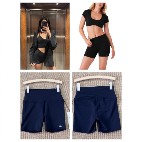 In-stock women's black high-waisted sports fitness yoga shorts, tummy control and butt-lifting three-point hot pants, high-end version