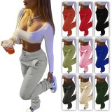 HR8139 European and American women's clothing, thickened sweatshirt fabric, sporty casual drawstring stacked pants with pockets