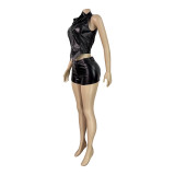 HR26102 European and American fashion women's leather stand-up collar two-way zipper biker sleeveless top and shorts two-piece set