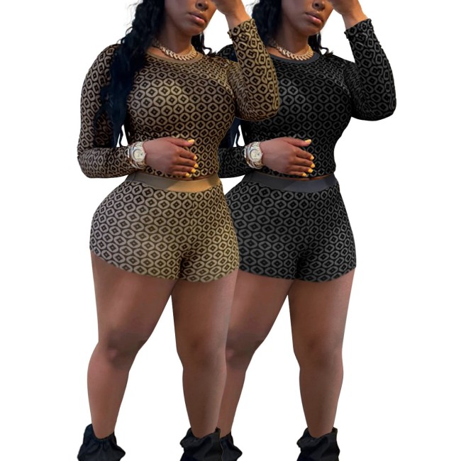 HR25017 European and American fashion women's clothing, sexy slim-fit coin print long-sleeve round-neck shorts two-piece set