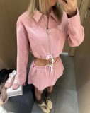 2026 Spring New Short Zipper Drawstring Jacket + Low-Waist Drawstring Mini Skirt Casual Set
