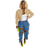 HR8237 European and American fashion women's clothing, new autumn and winter style, ribbed stretch leather casual baseball jacket