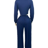 HR25039 European and American fashion women's striped patchwork color-blocking zip-up collar top and wide-leg long pants two-piece set