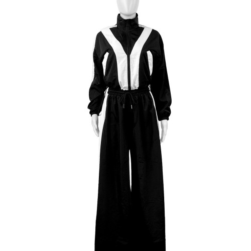 HR24071 European and American cross-border women's clothing, zippered waist, patchwork color-blocking, oversized trendy two-piece set