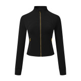 Short gold-zippered spring double-sided brushed Defin top, slim-fit, stretchy, quick-drying, stand-up collar jacket, yoga coat