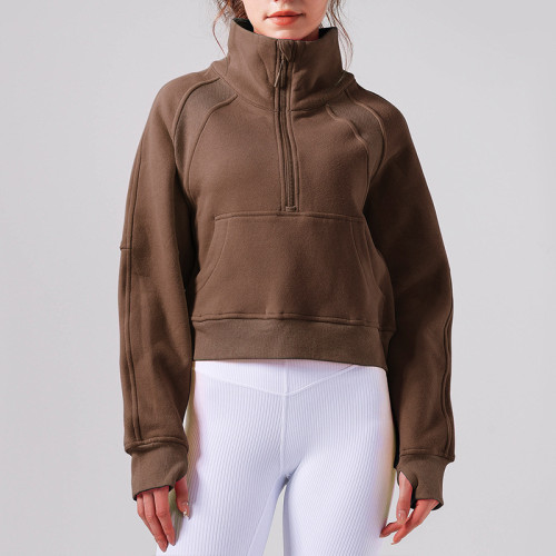 Lu Meilaide women's autumn and winter fleece-lined thickened half-zip long-sleeve short top with stand-up collar sports sweatshirt half-high collar