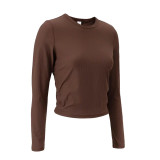 luallittak Yoga Top Long Sleeve Women's Vertical Ribbed Round Neck Slim Fit Stretchy Fitness T-Shirt High Elasticity