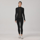 lu double-sided brushed women's defin top sports slim-fit stand-up collar zipper jacket yoga wear leggings set