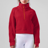 Lu Meilaide women's autumn and winter fleece-lined thickened half-zip long-sleeve short top with stand-up collar sports sweatshirt half-high collar